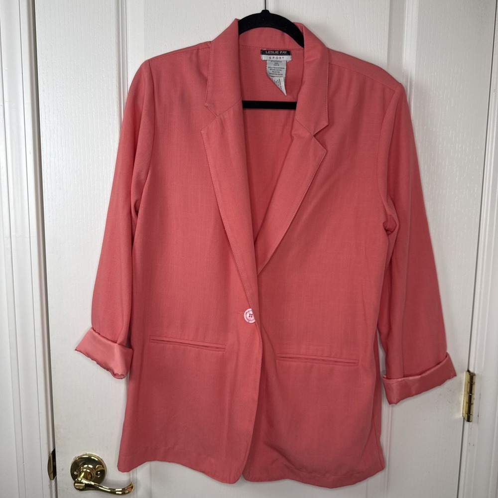 Leslie Fay Sport Womens Coral Longline Blazer Size 10 Single Button 90s